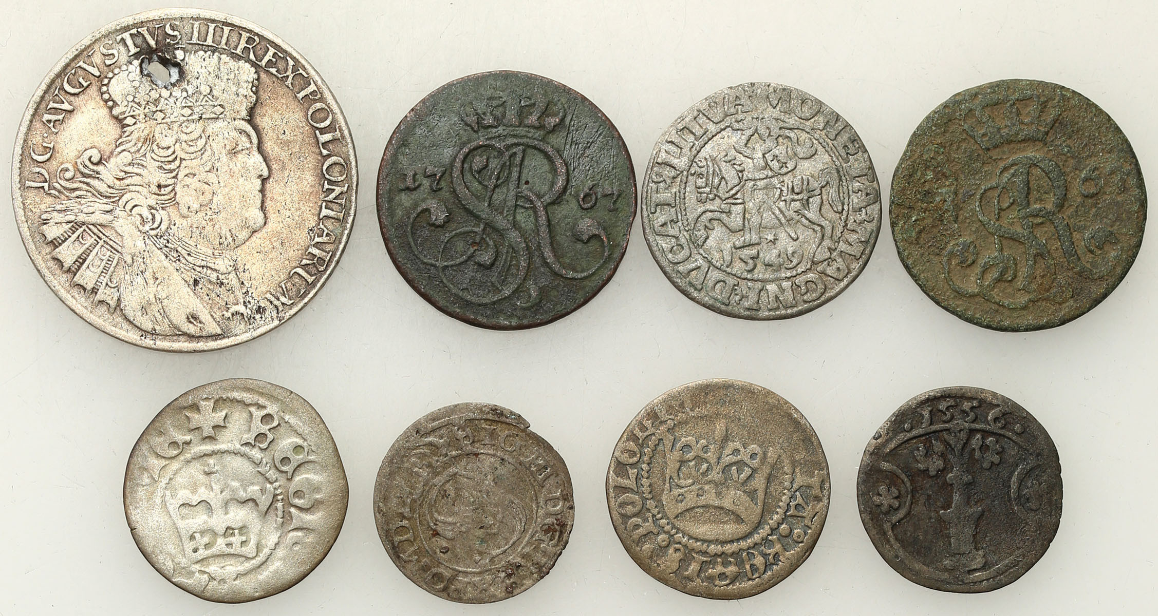 Zygmunt II August, August III Sas, Stanisław August Poniatowski. Półgrosz, grosz, szeląg, ort, zestaw 8 monet